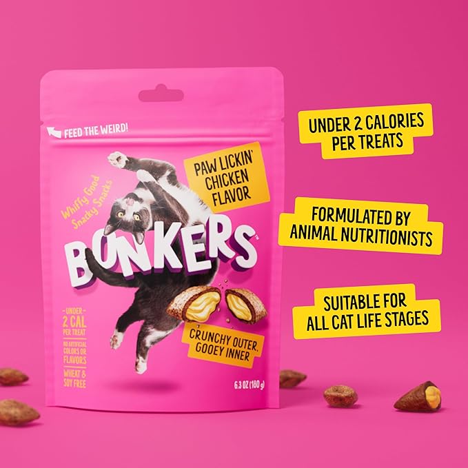 Bonkers Cat Treats Paw Lickin' Chicken Flavor 6.3 OZ, Treats for Training, for All Breeds and Ages, Food Topper, Resealable Pouch (6 Pack)