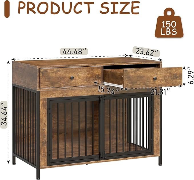 PUKAMI 44inch Large Dog Crate Furniture with Drawers, Wooden Dog Kennel Furniture for Indoor use, Brown End Table Dog House, for Small/Medium/Large Dog, 2-Pack Set
