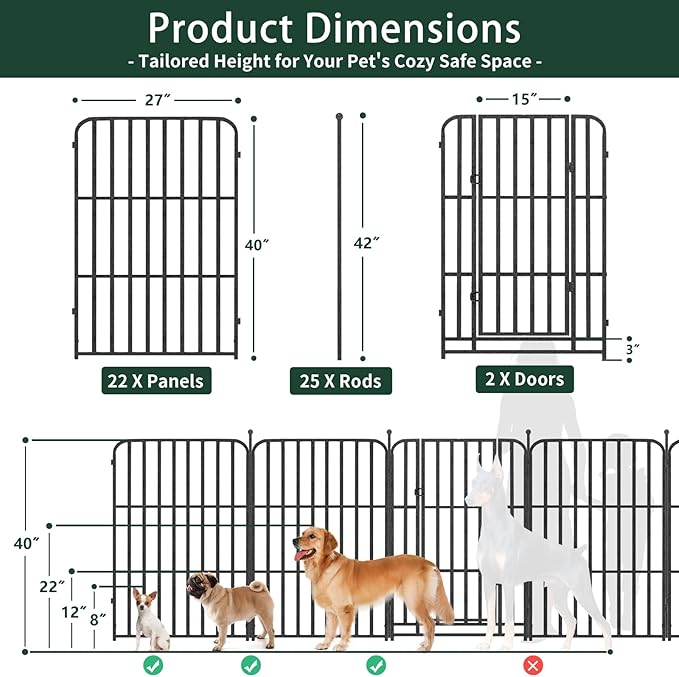 Metal Dog Playpen 40" 24 Panels with 2 Doors for Medium Large Dogs, Indoor Outdoor Exercise Pen for Yard RV Camping, Thickened Steel Tube, Gravity Lock & Ball Head Iron Rods