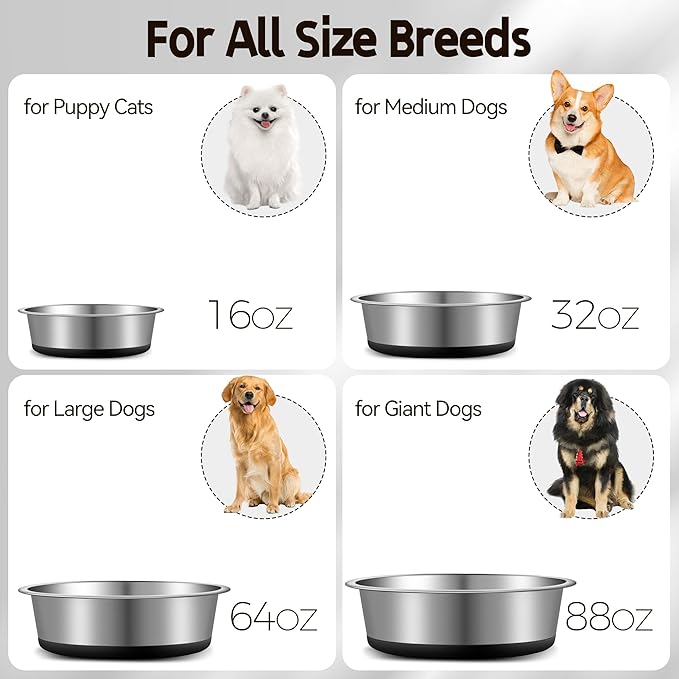 Stainless Steel Dog Bowls, Non Slip Dog Metal Bowls, 2 Pack Food and Water Pet Feeders Heavy Duty Dishwasher Safe (64oz, 8cup)