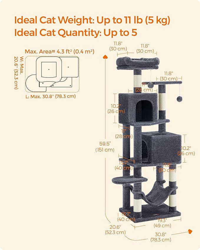 Feandrea Cat Tree, 59.5-Inch Tall Cat Tower, Plush Multi-Level Condo with 5 Scratching Posts, 2 Perches, 2 Caves, Hammock, 2 Pompoms, Smoky Gray UPCT192G01