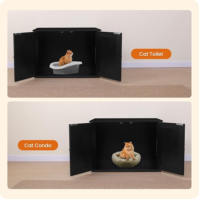 Dwanton Litter Box Enclosure, Cat Litter Box Furniture Hidden, Reversible Entrance Can Be on Left or Right Side, Wooden Cat Washroom Indoor, Black, 27.6 Inches