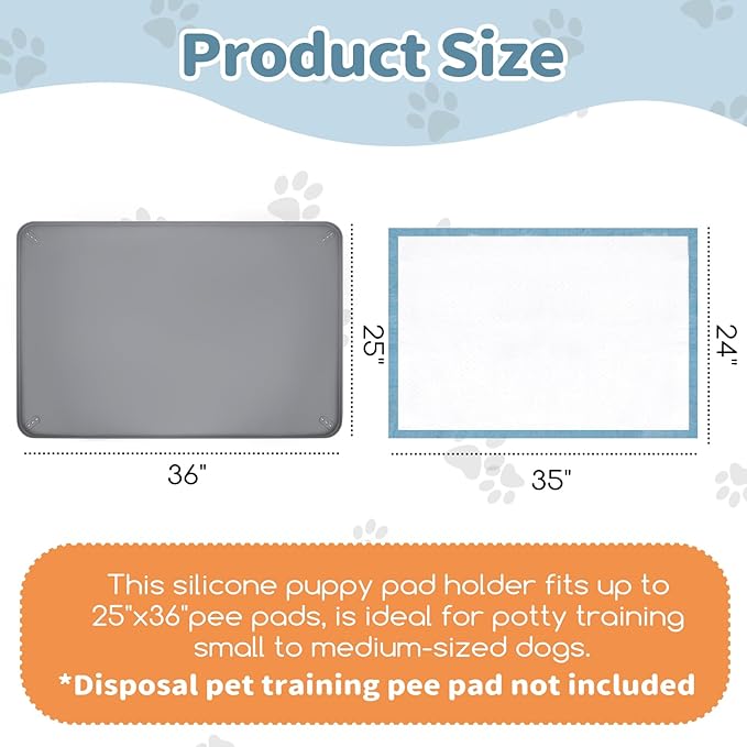 Pee Pad Holder, Silicone Dog Puppy Pad Tray for DogTraining Pads Non-Slip Leak-Proof High Edge Mat, Dog Potty Tray for Home Floor Protection- Grey 25" x 36"