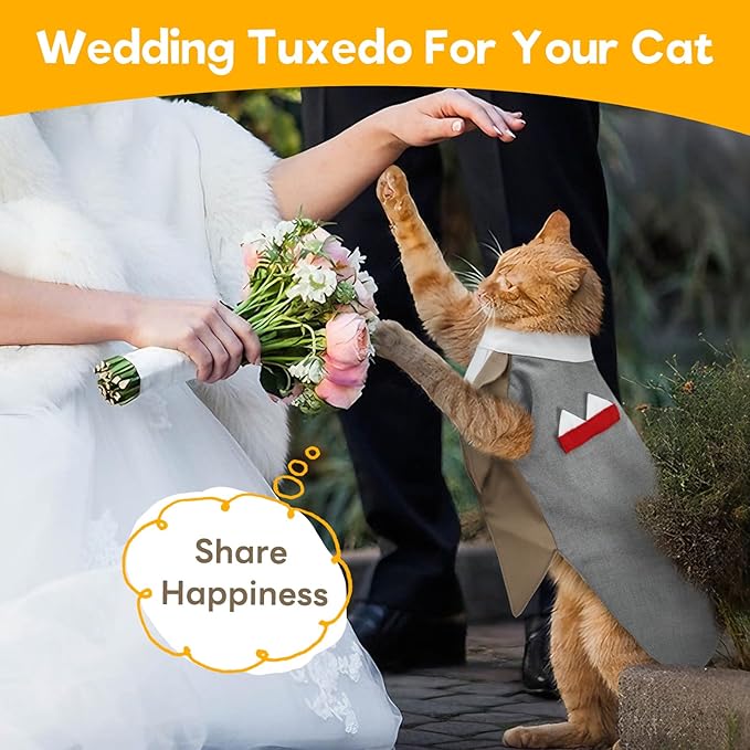 Cat Tuxedo Suit, Stylish Cat Tuxedo Outfit Formal Suit, Kitten Formal Attire Wedding Birthday Onesie Costume for Male Girl Hairless Cats, Pet Fashion Apparel Fancy Clothes, Black, L