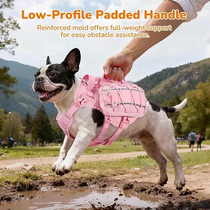 Medium Dog Harness Backpack, No Pull Adjustable Dog Vest with Handle & Leash Ring, Lightweight Dog Backpack with Side Pockets for Walking, Training & Day Hikes, Pink, M