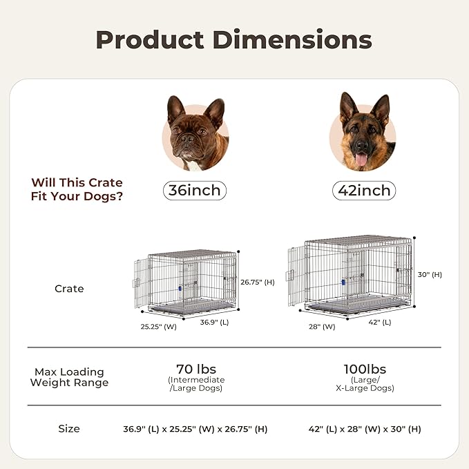 42 Inch Sliding Door Dog Crate - Heavy Duty Collapsible Dog Crates for Large Dogs (70-100lbs), Double Door Metal Dog Kennel Cage with Soft Mat, Leak-Proof Tray, Easy Foldable & Assembly