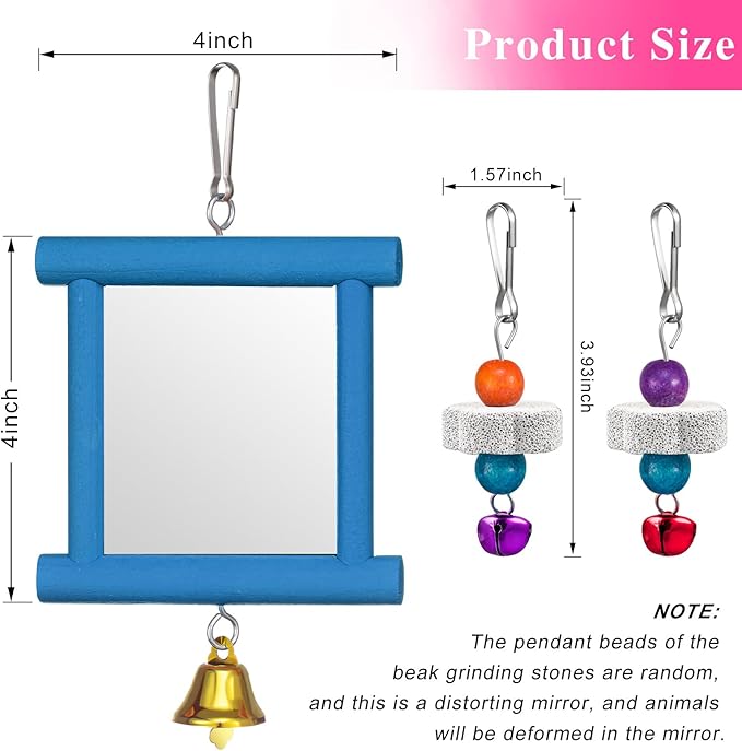 Sumind 2 Pieces Chicken Mirror Toys Hanging Swing Mirror with Bell Wooden Pecking Toy and 4 Pieces Beak Grinding Molar Stones for Hens Birds Parrots(Blue,Green)