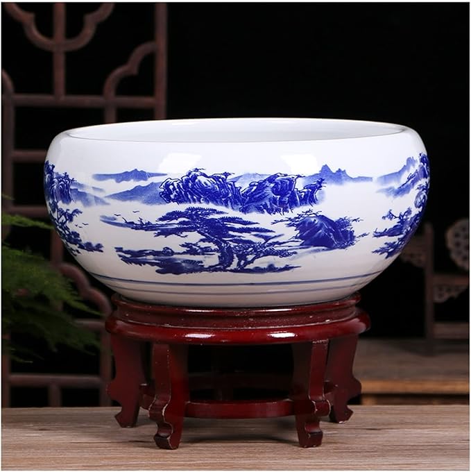 Fish Tabk Aquarium Fish Tank Blue and White Ceramic Goldfish Bowl Home Living Room Office Desktop Fish Culture Bowl Aquarium Starter Kits Cool Fish Tank(Color:A,Size:50CM)