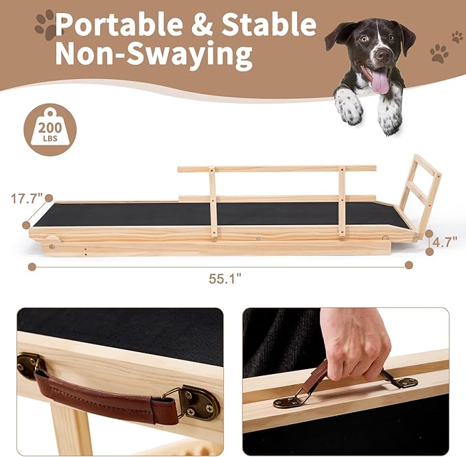 SLSY Dog Ramp for High Bed Couch, Folding Adjustable Pet Ramp with Non-Slip Rubber Mat, 62.9" Long, 5 Adjustable Heights 15.7''–31.4", Portable Step Supports Pets up to 250 lbs for Large Pet(Natural)