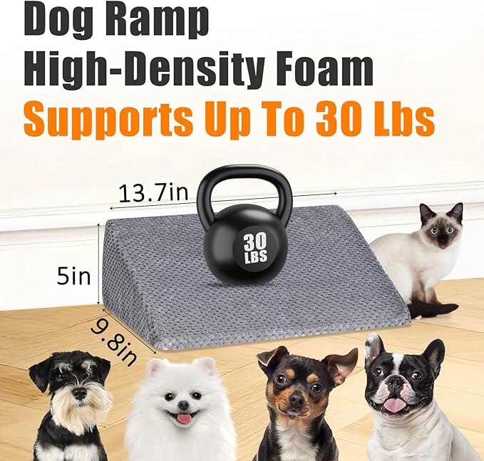 Dog Ramp for Stairs for Small & Senior Dogs and Cats – Non-Slip Stair Wedges for Dogs with Gentle Slope, Pet Ramp with Washable Cover & Self-Sticky Pads for Safe Climbing (Gray, 1 Pack)