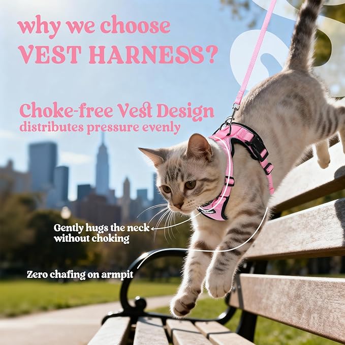 rabbitgoo Cat Harness and Leash for Walking, Escape Proof Soft Adjustable Vest Harnesses for Cats, Easy Control Breathable Reflective Strips Jacket, Pink, XS
