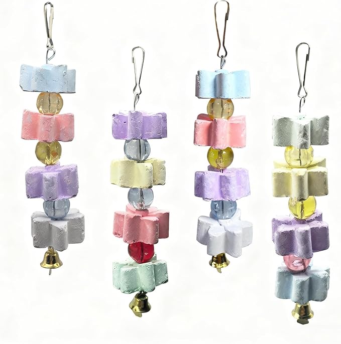 4Pieces Parrot Beak Trimmer Bird Beak Grinding Stone Teeth Lava Block Mineral Calcium Rock Chewing Toys with Bell for Parakeet Conure Budgies Rabbit Chinchilla Hamster