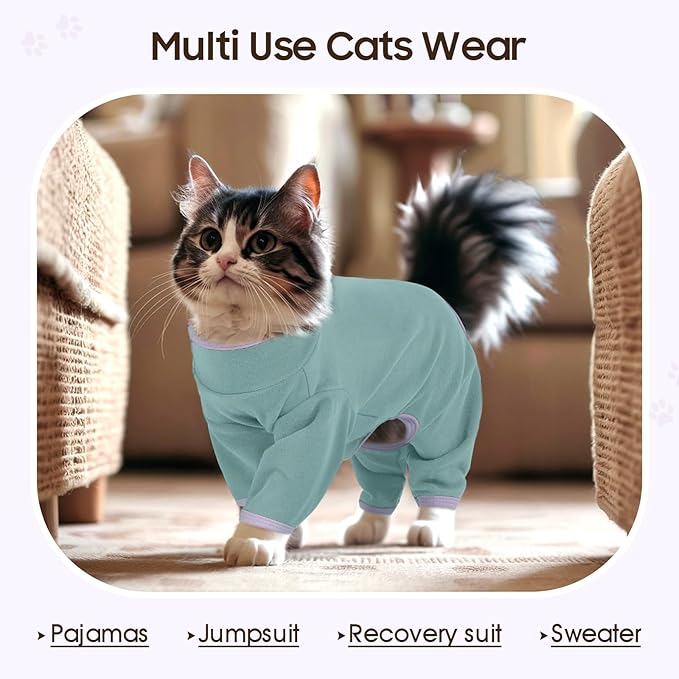 DENTRUN Cat Clothes for Hair Control with Hair Sticky Fabric - Soft Recovery Suit & Breathable Lint-Resistant Cat Sweater for Cats Only, Kitten Onesie Pajamas, M, Bean Green
