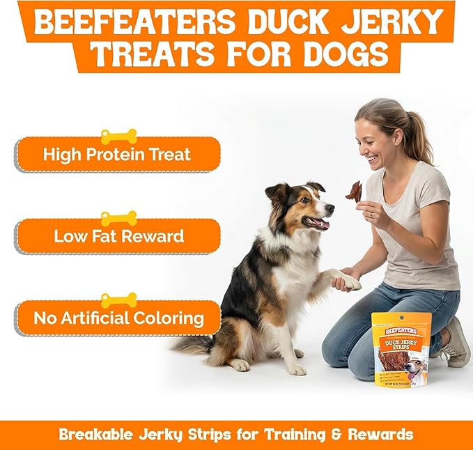 Beefeaters Duck Jerky Strips for Dogs 22 oz, Oven-Baked High Protein Dog Treats Duck Jerky - Low Fat Grain-Free Dog Snacks - No Corn Wheat or Soy - Chewy Dog Jerky Treats for Training and Rewards