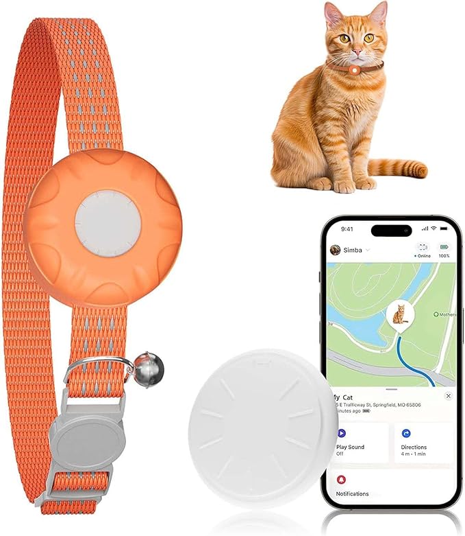 Cat Tracker, GPS Tracker Compatible with Apple Find My App(Only iOS), Waterproof Cat Tracker Collar with Bell and Safety Elastic Buckle, No Monthly Fee, Works with Any Collar (Orange)