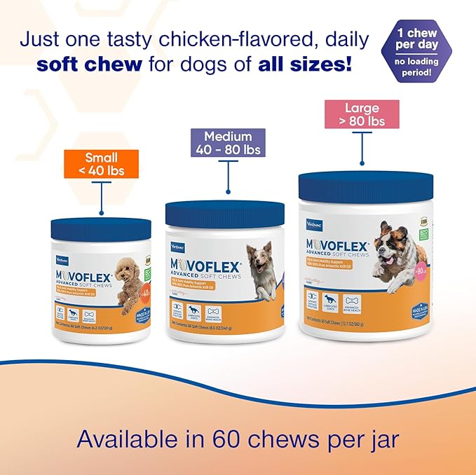 Advanced Soft Chews Hip and Joint Support Supplement for Medium Dogs - Movoflex 60 Count by Virbac