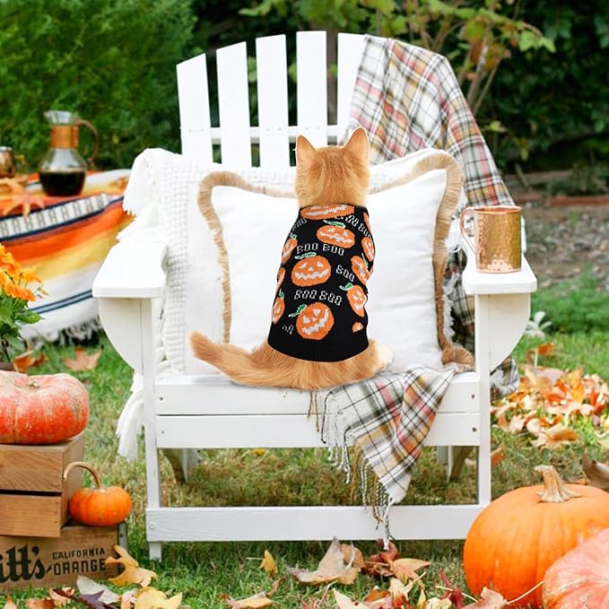Pet Puppy Dog Halloween Sweater Cat Pumpkin Knitwear Clothes Costume with Cute Boo Pattern Halloween Sweater Coat for Kittens Small Dogs Cats L