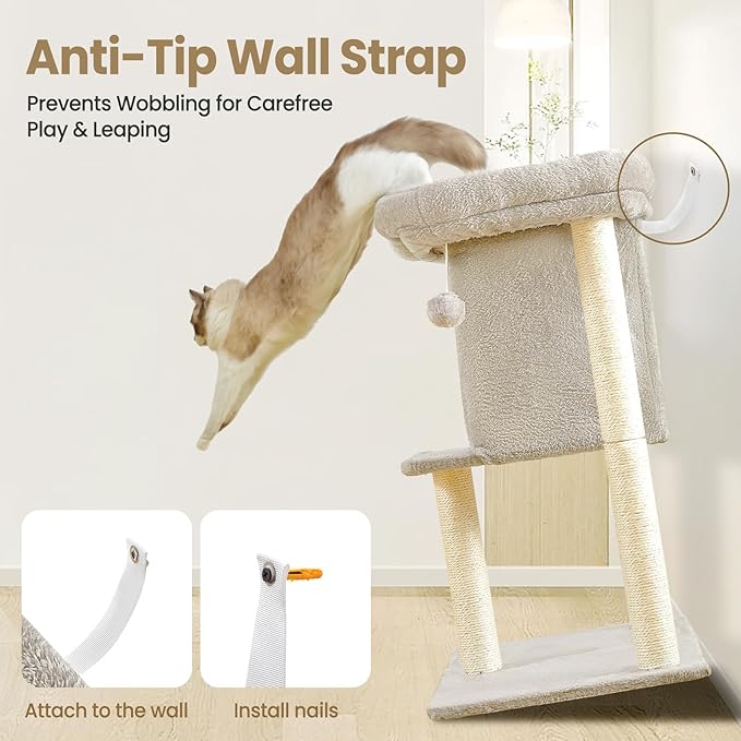 Cat Tree Tower Scratching Post for Indoor Large Cats, Small Cat Tree with Big Perch Bed, 28in Tall Trees House with Condo Cave, Toy Balls, Modern Climbing Furniture Platform for Kitten (Light Gray)