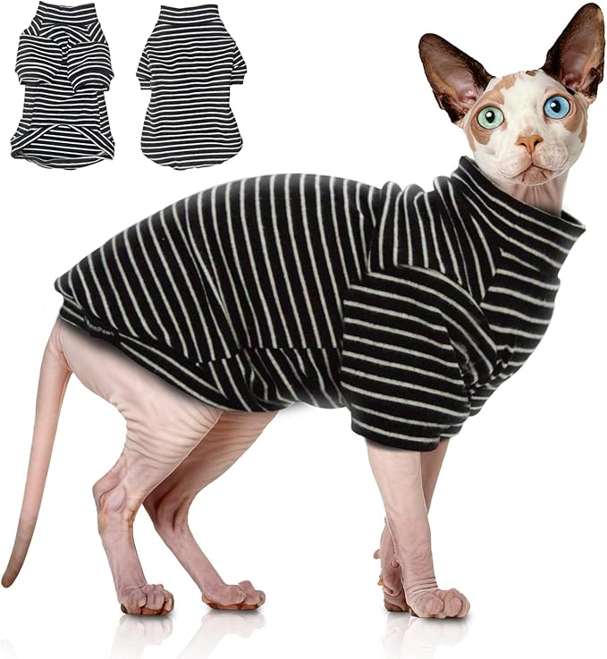Sphynx Cat Sweater Hairless Cat Clothes Sweater Shirt Soft Warm Long Sleeves Pullover Pet Clothes Pajamas Dog Cloth for Small Dogs Jumpsuit Pet Sweaters (B&W Striped, Large)