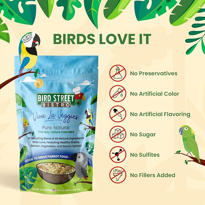 Bird Street Bistro Parrot Food - Parakeet & Cockatiel Food - Cooks in 3-15 min w/Natural Grains, Legumes, Non-GMO Fruits, Vegetables & Health-Oriented Spices