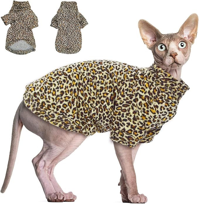Sphynx Cat Clothes Leopard Hairless Cat Cloth Sweater Shirt Soft Warm Long Sleeves Pullover Pet Clothes Pajamas Dog Cloth for Small Dogs Jumpsuit Pet Sweaters (Leopard, X-Large)