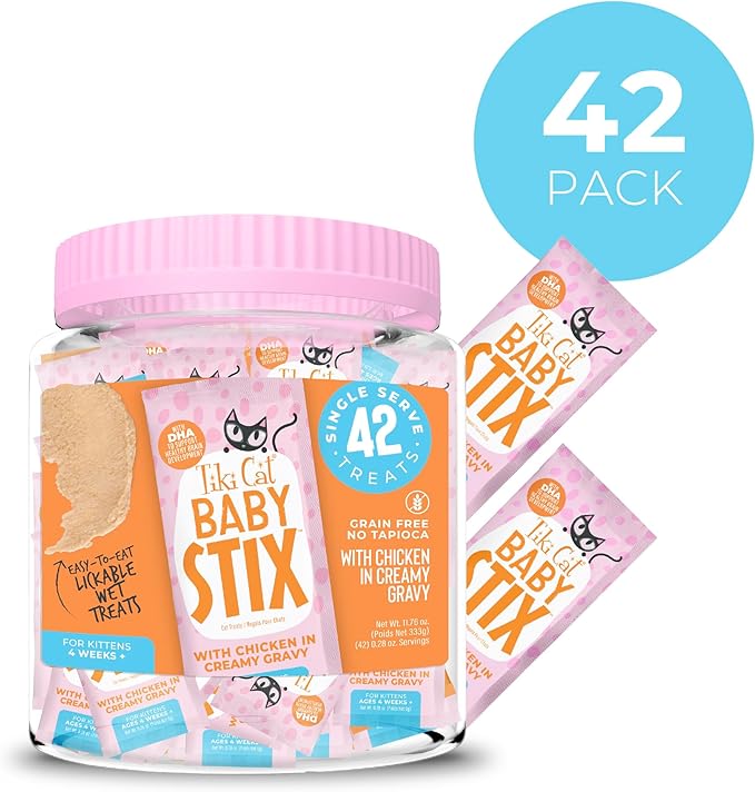 Tiki Cat Baby Stix Wet Cat Treats, Chicken in Creamy Gravy, 0.28 oz. Sachets (42 Count Jar)