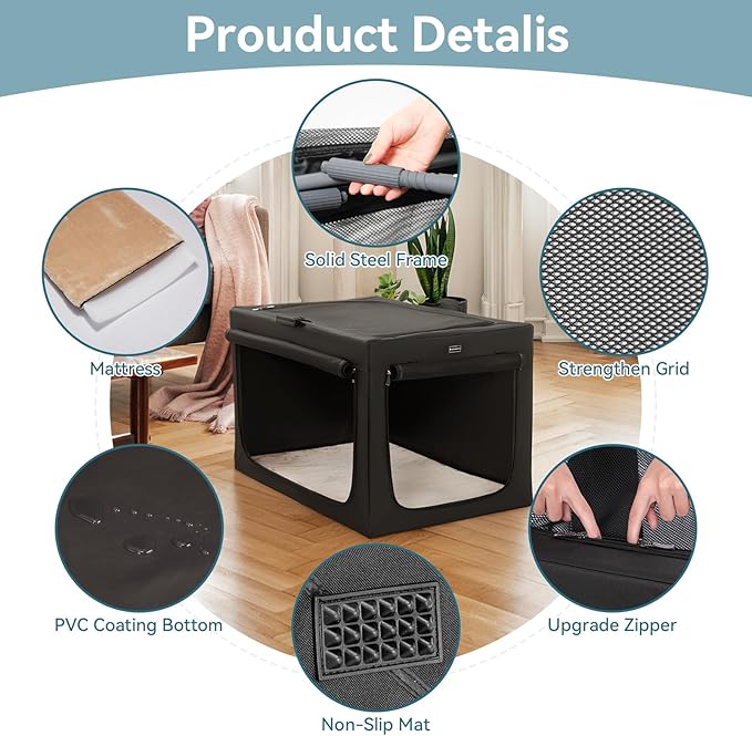 PETSFIT Portable Dog Crate for Medium Large Dogs, – 36" Soft Dog Travel Crates with Lockable Zippers & Thicken Mat, Adjustable Patented Spiral Steel Frame, Collapsible Kennel for Indoor & Outdoor