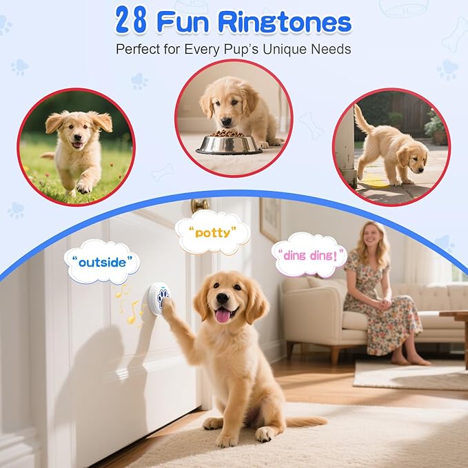 ChunHee Bells for Dog Training to Go Outside - Dog Door Bell with 36 Custom Sounds | Bell for Dogs to Ring to Go Potty | 5 Adjustable Volume(0-115dB) | Teach Puppies to Signal to Go Outside