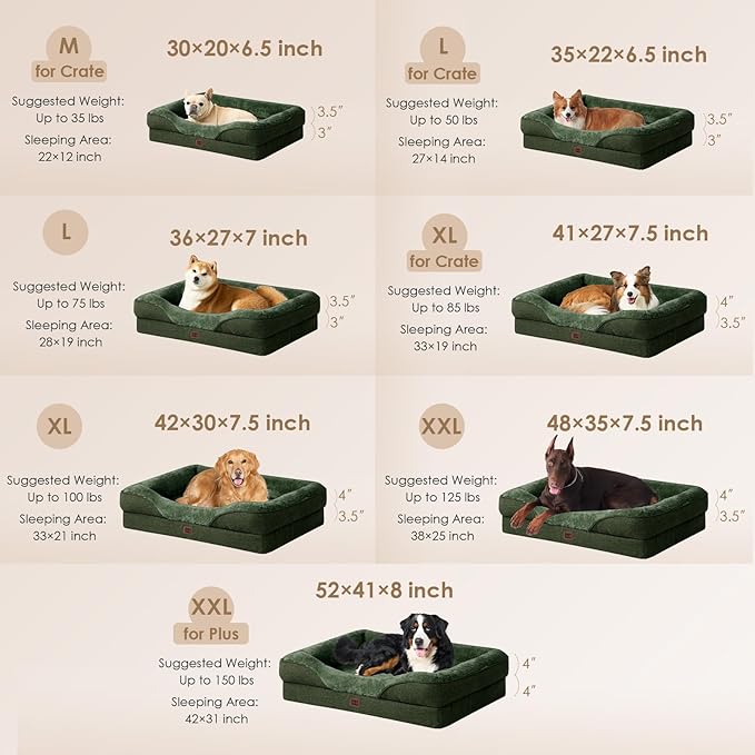 EHEYCIGA Orthopedic Dog Bed for Large Sized Dog, 36x27x7 Inch Large Memory Foam Dog Couch Bed with Sides, Waterproof Liner & Washable Removable Cover, Bolster Pet Sofa, Dark Green