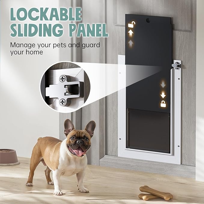 Dog Door for Door All Aluminum 3 Flaps White, Large Dog Doggy Doggie Door, Heavy Duty Pet Door for Dogs, with Insulation Flap and Lockable Closing Panel, Durable Rust Resistant, for Pets Up to 110lbs