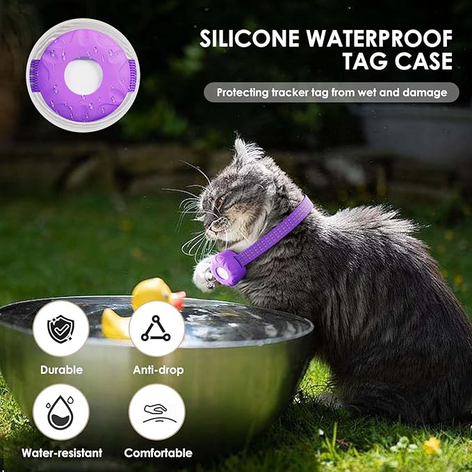 GPS Tracker for Cats, Cat Tracker Collar with Safety Elastic Buckle, Compatible with Apple Find My App (Only iOS), No Monthly Fee, Waterproof (White Tracker, Purple Cat Collar)