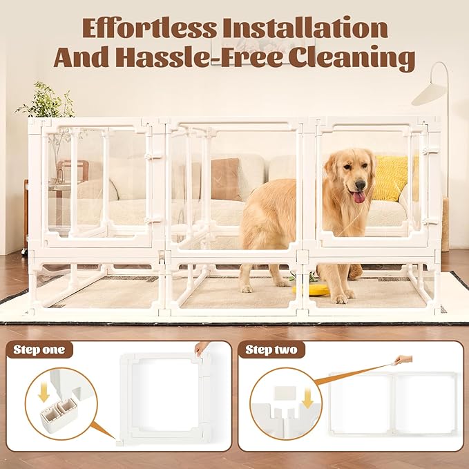 FlexiSpace 10" Height Extension Customizable Height & Space Clear Acrylic Dog playpen Indoor, The ONLY Play Pen That Grows with Your Pets (White, 10" Height Extension, 8 Panels)