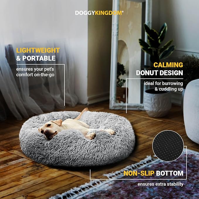Calming Round Donut Dog Bed Pillow, Washable, Anti Anxiety, Anti-Slip, Cozy Soft Cuddler Comfort Bed with Fluffy Plush Faux Fur for Large Medium Small Sized Dog - Dark Gray, L 35 inch