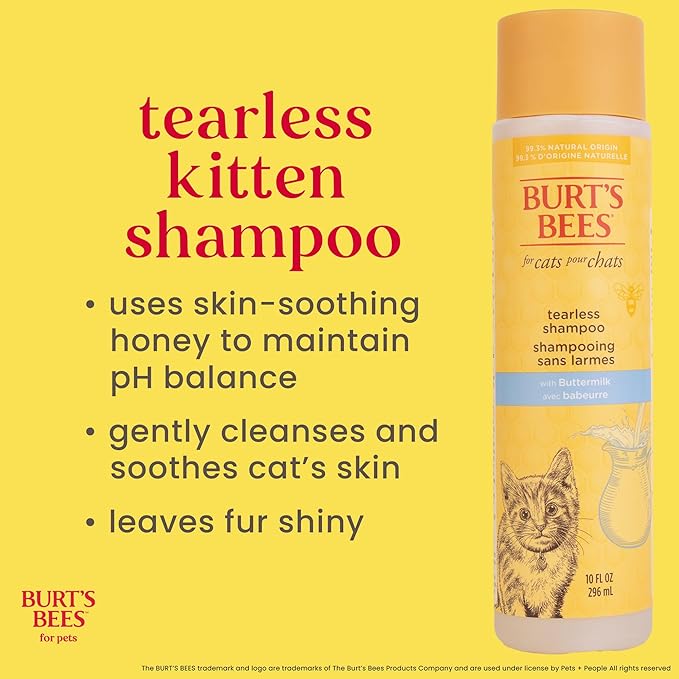 Burt's Bees for Pets Tearless Kitten Shampoo with Buttermilk and Honey, Gentle Cat Shampoo for Itchy Skin and Sensitive Coats, Easy Rinse Low Lather Formula, 99.3% Natural Origin, 10 Fl Oz