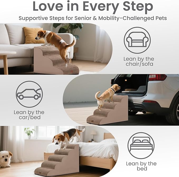 gogobunny Ramp Cat Dog Stairs for Beds, Cat Slope Stairs with Durable Waterproof Fabric Cover, Pet Steps for Old Large Dogs Climbing (Camel, 3-Step (22.4" D x 15.7" W x 15.7" H), 3)
