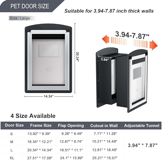 FreeStanding Dog Door for Wall, Steel Frame Large Dog Door with Telescoping Tunnel, Double Magnetic Flaps and Two Sliding Lock Panels, Easy to Install, Up to 100LBS, Gray