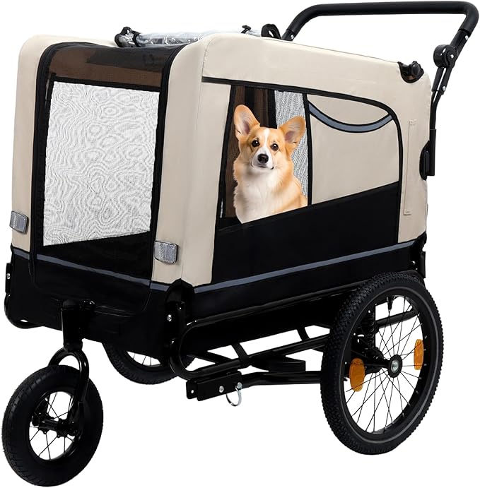 Extra Large 2-in-1 Bike Trailer & Push Cart for Pets - Detachable Bike Hitch & Push Handle Included - All-Terrain Wheels, Quick Release Wheel, Non-Slip Floor, Internal Leash, Holds Up to 88 lbs