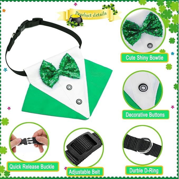 2 PCS St. Patrick's Day Costume Dog Bandana Collar and Pet Top Hat Buckle Green Dog Bow Tie Formal Tux Clothes with D-Ring Irish Tuxedo Saint Patrick Outfits for Dogs Puppy Cat Party Dress (Small)