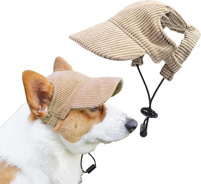 Dog Baseball Cap, Dog Cat Summer Beach Visor Hat with Ear Holes, Adjustable Puppy Sunbonnet Headdress (Khaki, Large)