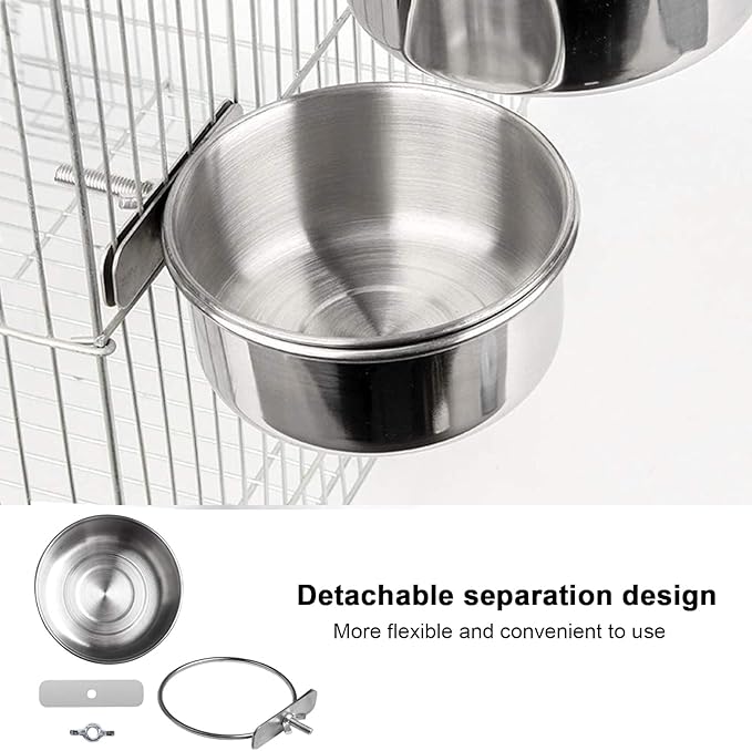 4 pcs Bird Feeding Dish Cups, Parrot Stainless Steel Food Bowl Cage Water Feeder with Clamp Holder for Parrots Cockatiel Budgies Lovebird Parakeet Feeding Cups with 4 Spoon