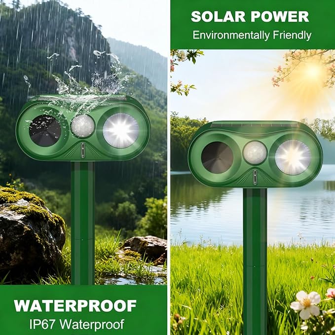 Upgraded Ultrasonic Animal Repeller,Solar Powered Cat Repellent Outdoor,Deer Deterrent with LED Flashing Motion,Sensor and Sound,Waterproof Bird Repeller for Dog Fox Garden Patio Dark-Green