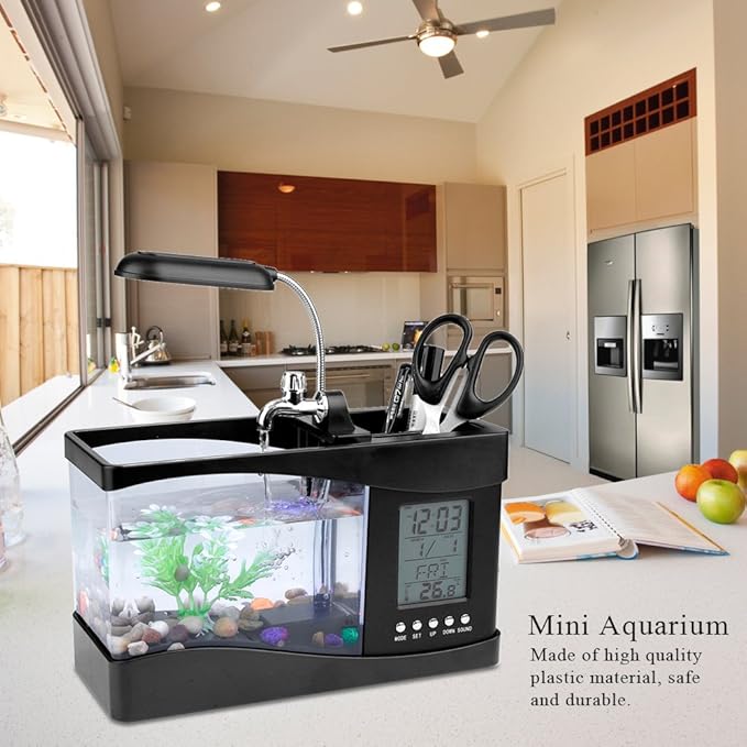 Small Divided Fish Multifunctional USB Rechargeable Mini Fish Aquarium with Clock Function LED Light(Black)