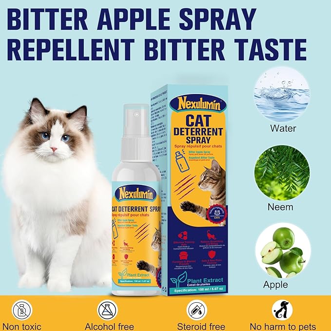 Bitter Apple Cat Deterrent Spray, Natural Pet-Safe Formula for Indoor & Outdoor Use, Stops Chewing & Scratching, Protects Sofa, Carpets & Furniture, Helps Improve Cat Behavior (150ml / 5.07oz)
