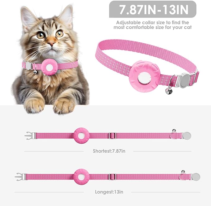 Cat GPS Tracker, Cat Tracker Compatible with Apple Find My App (Only iOS), No Monthly Fee, Waterproof, Breakaway Collar Included, Up to 1 Year Battery (White Tracker, Pink Cat Collar)