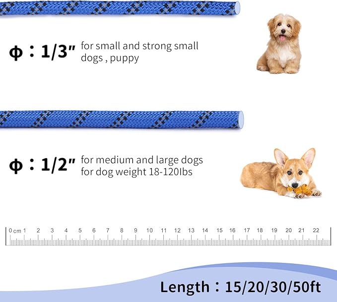 Long Dog Leash for Training 15Ft-Reflective Nylon Rope with Swivel Hook-Recall Agility Lead for Large Small Medium Dogs Outside Walking Hiking-Royal Blue