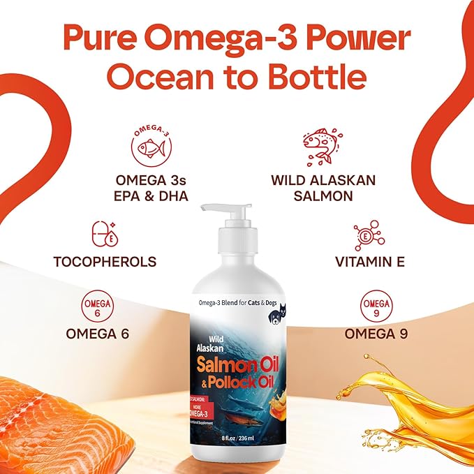 Wild Alaskan Omega 3 Salmon Oil for Dogs - Fish Oil for Dogs Natural Liquid - Must-Have Cat & Dog Essentials for Health - Cat and Dog Supplies Supports Skin & Coat - 8 Fl. Oz