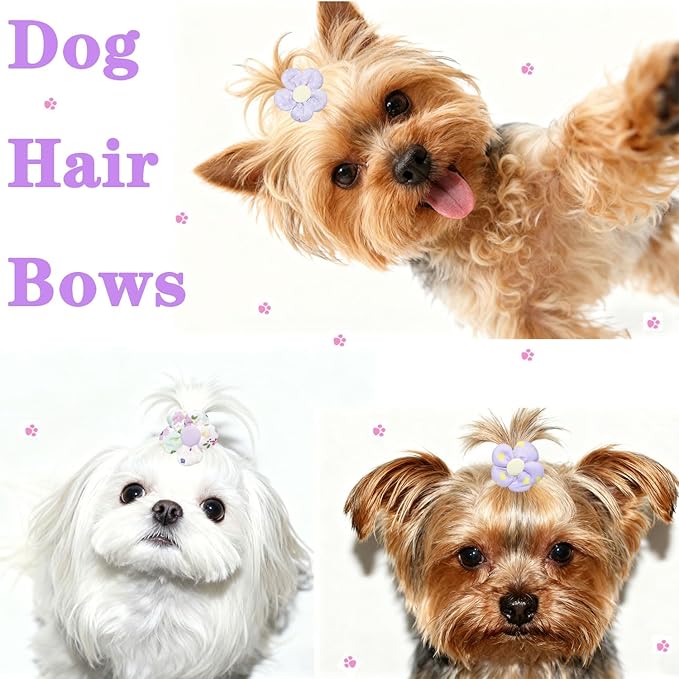 20 Pcs Handmade Cute Puppy Hair Bows, Flower Bowknot with Rubber Bands for Small Dog Hair Ties Accessories Hibiscus Purple