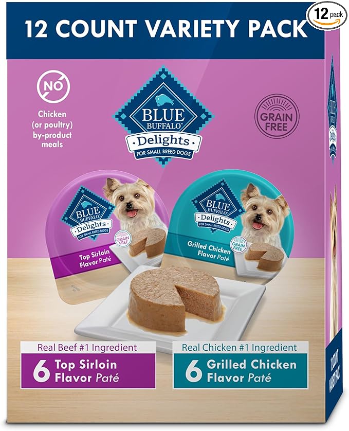 Blue Buffalo Delights Small Breed Natural Wet Dog Food Variety Pack, Top Sirloin Paté and Grilled Chicken Paté, 3.5-oz Cups, 12 Count