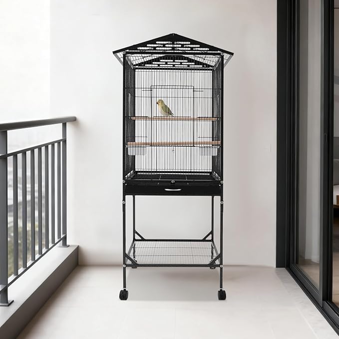 Large Bird Cage, Movable Pet Bird Flight Cages with Wheels 4 Feed Windows Slide-Out Tray, Panorama Bird Aviary 18.11x18.11x49.21in for Parrot, Parakeets, Budgerigars(Black Style1)