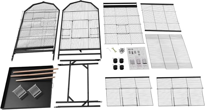 Large 46" Rolling Bird Cage for Mid-Sized Parrots with Detachable Stand, 4 Universal Wheels & Removable Tray, Iron Birdcage for Cockatiels, Parakeets, Finches (Black)